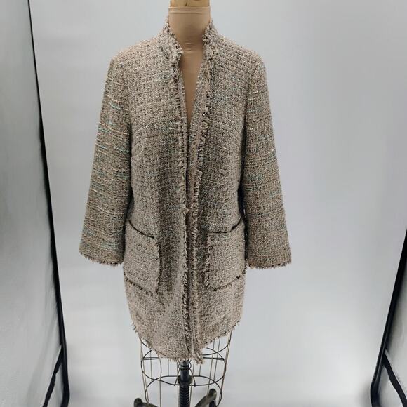 Chico's Sz 2 Open Front Jacket Woven Metallic Plaid Tweed Coat Frayed Trim Pkts - Picture 1 of 13